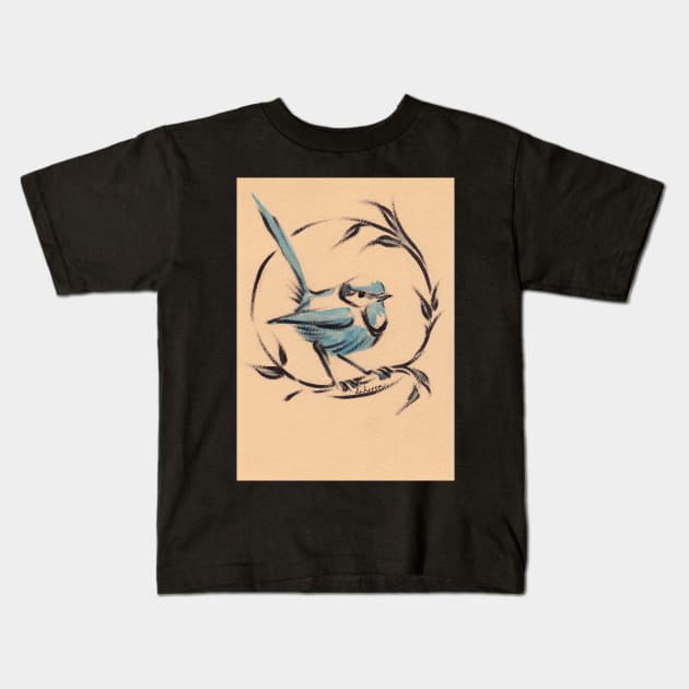 Little Blue Bird:   Sumi-e painting on vintage watercolor paper Kids T-Shirt by tranquilwaters